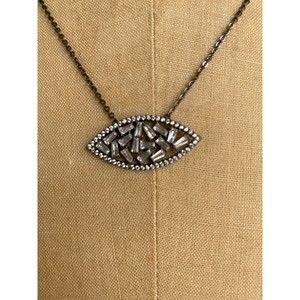 VTG Gunmetal 925 Sterling Silver Eye Shaped Crystal Necklace 18" Signed EJ